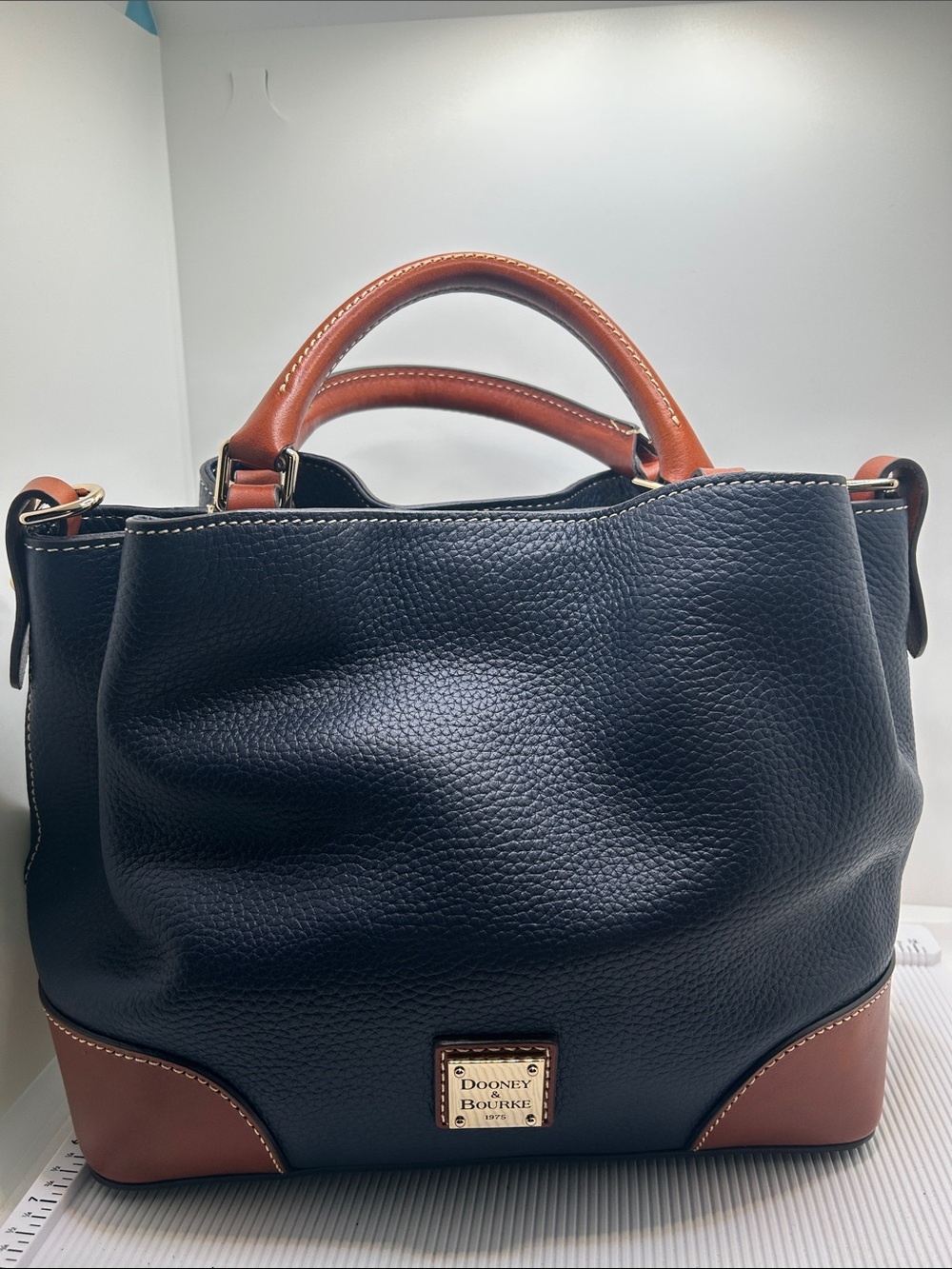 Dooney & Bourke Blue Pebble Leather Brenna Tote with Brown Trim